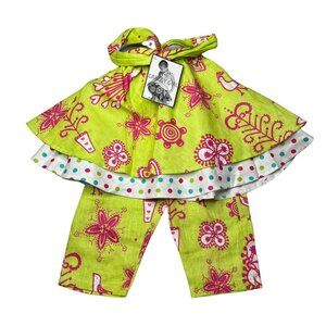 Greggy Girl 2 Pc Outfit Girls Lime Green Pink Linen Flare Top Pants Size 4